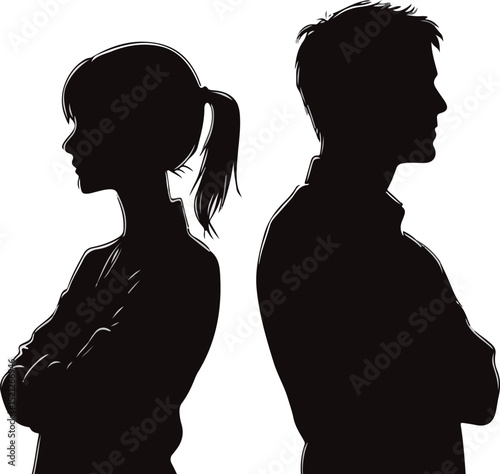 Silhouettes of a woman and man standing back-to-back, expressing conflict.