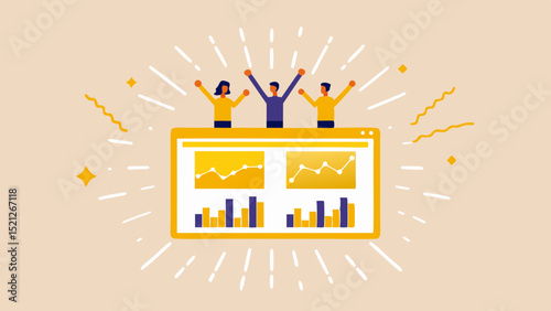 Team celebrating success with data graphs on a screen surrounded by light rays and confetti shapes