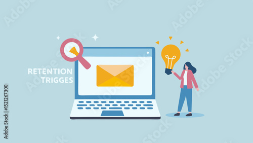 Illustration of a woman with a lightbulb standing next to a laptop with an email on the screen