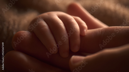 A baby's delicate hand holding a grown-up's finger, illustrating the innocence and tenderness in early human relationships. Bonding experience concept