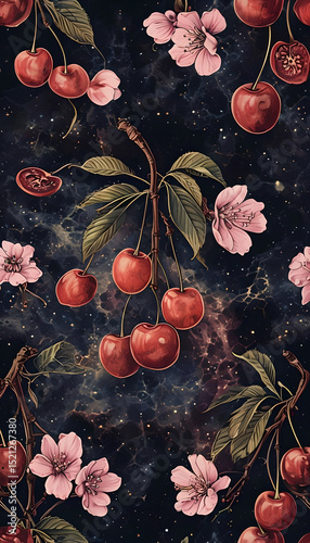 Vibrant Cherries And Blossoms On Cosmic Nebula Background