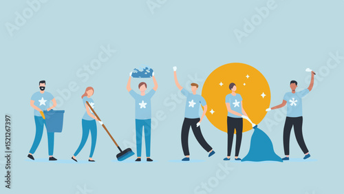 Group of volunteers cleaning up trash with brooms and bags in an outdoor setting illustration
