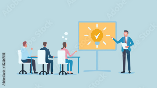 A business presentation with a presenter and audience focused on a lightbulb innovation idea