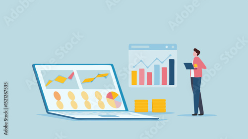 A man using a laptop with charts and graphs displayed next to a bar graph on a light blue background