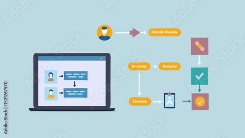 Illustration of laptop displaying workflow with person icons and process diagrams shown clearly