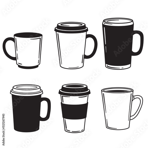 Diverse collection of black and white coffee cups and mugs in vector silhouette style