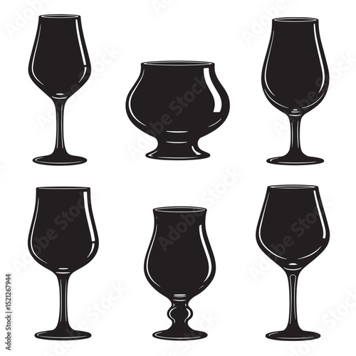 Various wine and beer glass silhouette designs in vector graphic style