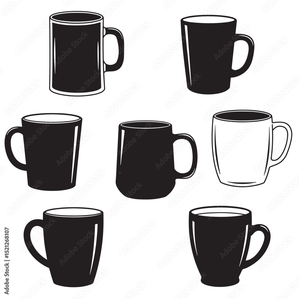 Obraz premium Collection of vector mugs in black and white silhouette style for design