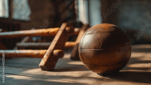 artistic professional photo of medicine ball and push-up bars on floor, perfect lighting, realistic and cinematic style