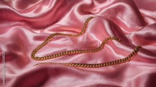 artistic professional photo of minimal gold chain on pink satin cloth, perfect lighting, realistic and cinematic style