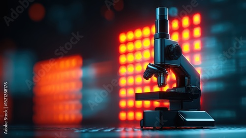 artistic professional photo of microscope on clean table with glowing display in background, perfect lighting, realistic and cinematic style
