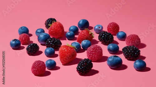 artistic professional photo of mixed berries scattered on bright pink pastel background, perfect lighting, realistic and cinematic style