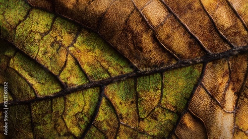 High-resolution close-up of autumn leaf veins, displaying intricate patterns and textures, with vivid color transition from green to brown, symbolizing seasonal change and natural beauty.