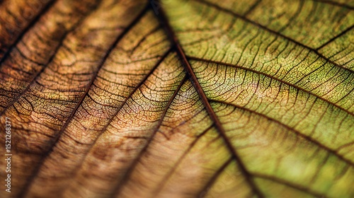 High-resolution close-up of autumn leaf veins, displaying intricate patterns and textures, with vivid color transition from green to brown, symbolizing seasonal change and natural beauty.