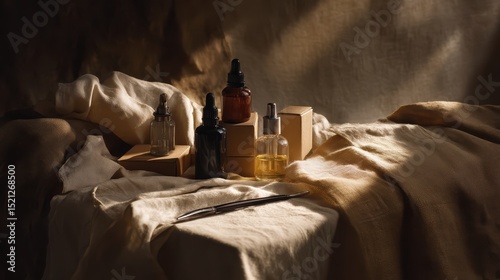 artistic professional photo of natural cosmetics set in kraft boxes on linen fabric, perfect lighting, realistic and cinematic style