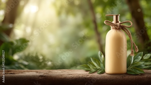 artistic professional photo of natural shampoo in kraft refill pouch on wooden surface with blurred nature background, perfect lighting, realistic and cinematic style