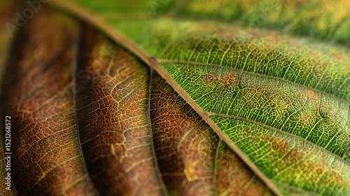 High-resolution close-up of autumn leaf veins, displaying intricate patterns and textures, with vivid color transition from green to brown, symbolizing seasonal change and natural beauty.
