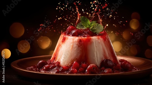 artistic professional photo of panna cotta with fruit sauce splashing midair, perfect lighting, realistic and cinematic style