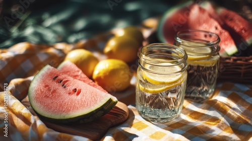 artistic professional photo of picnic scene with fresh lemonade, watermelon slices, and gingham blanket in the park, perfect lighting, realistic and cinematic style