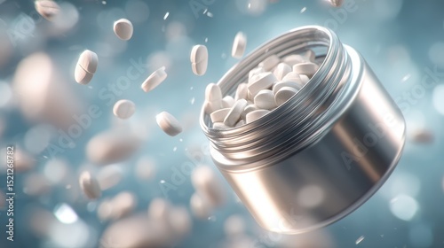 artistic professional photo of pill bottle mockup with open lid, scattered tablets, perfect lighting, realistic and cinematic style