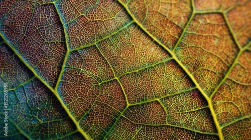 High-resolution close-up of autumn leaf veins, displaying intricate patterns and textures, with vivid color transition from green to brown, symbolizing seasonal change and natural beauty.