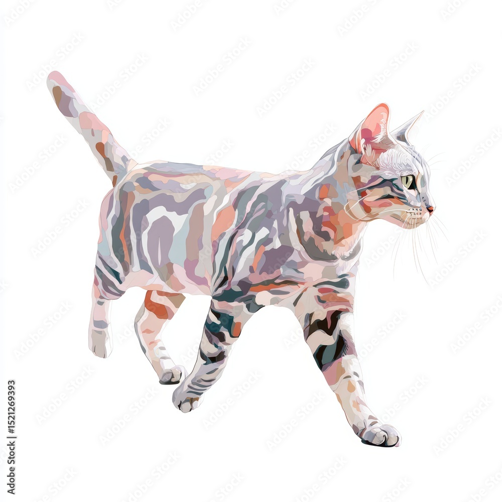Fototapeta premium Cat with tiger stripe pattern in pastel colors isolated on clean white background