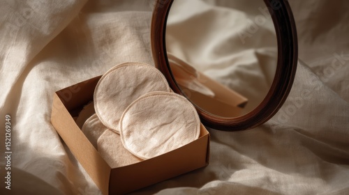 artistic professional photo of reusable cotton pads in brown paper box near mirror, perfect lighting, realistic and cinematic style