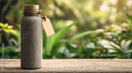 artistic professional photo of reusable eco-friendly bottle with kraft label mockup outdoors, perfect lighting, realistic and cinematic style