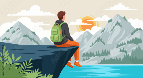 A breathtaking illustration of a young explorer sitting on a rocky cliff, backpack by their side, gazing peacefully over a tranquil mountain lake bathed in golden sunset light.