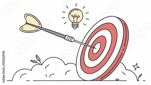 Illustration of a dart hitting the center of a target with a light bulb and cloud design element