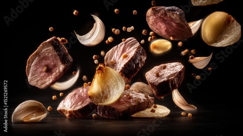 artistic professional photo of roast beef slices and garlic flying in slow motion, perfect lighting, realistic and cinematic style