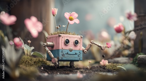 artistic professional photo of robot in flower garden planting seeds with smile, perfect lighting, realistic and cinematic style