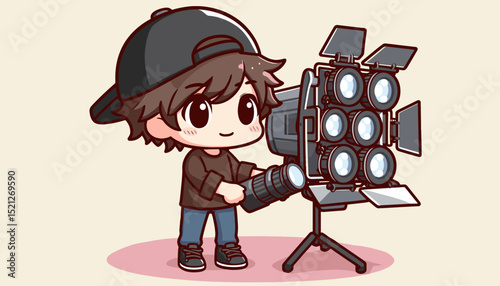 Chibi stage lighting technician adjusting spotlights, vector colored miniature