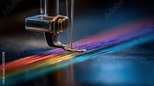 artistic professional photo of sewing machine needle close-up with colorful thread, perfect lighting, realistic and cinematic style