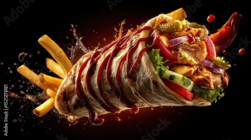 artistic professional photo of shawarma roll flying with French fries and pickle slices spinning around, ketchup splash, perfect lighting, realistic and cinematic style