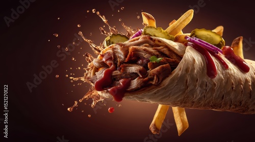 artistic professional photo of shawarma roll flying with French fries and pickle slices spinning around, ketchup splash, perfect lighting, realistic and cinematic style