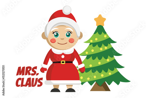Cartoon Mrs Claus with Christmas Tree on White Background Illustration