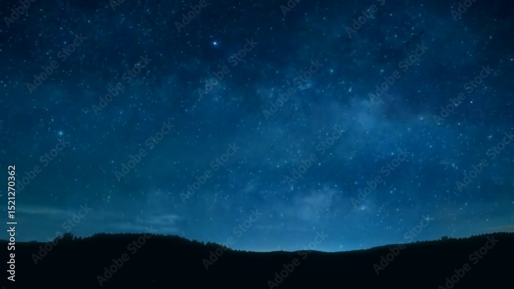 Milky way with comets. Stars panorama in time lapse at night sky. Black silhouette of trees in the mountain. Sky animation.