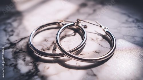 artistic professional photo of silver hoop earrings on marble surface with soft shadow, perfect lighting, realistic and cinematic style