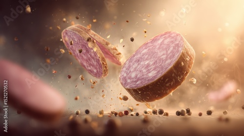 artistic professional photo of sliced salami and smoked sausage floating with peppercorns, perfect lighting, realistic and cinematic style
