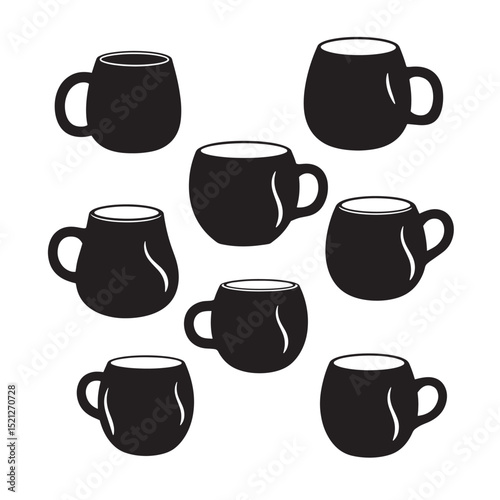 Collection of black and white silhouette coffee mugs in various styles for design elements