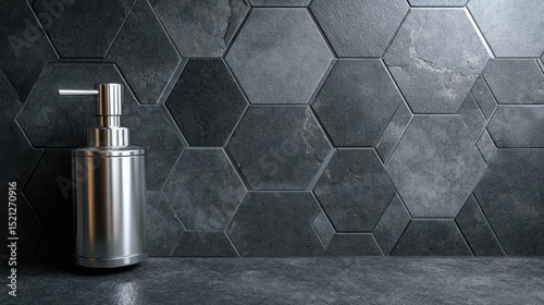 artistic professional photo of soap dispenser mockup with minimalist design on tiled wall, perfect lighting, realistic and cinematic style