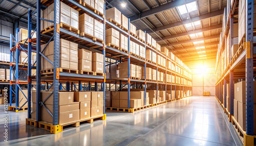 Warehouse Interior at Sunset: Long aisle stretches through a massive warehouse, filled with towering shelves stocked with cardboard boxes bathed in sunlight.