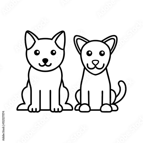 Two adorable cartoon dogs sitting together line art illustration