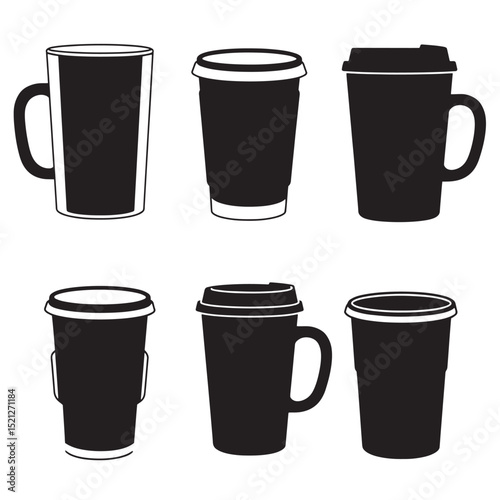 Black and white silhouette collection of coffee cups and travel mugs in various designs