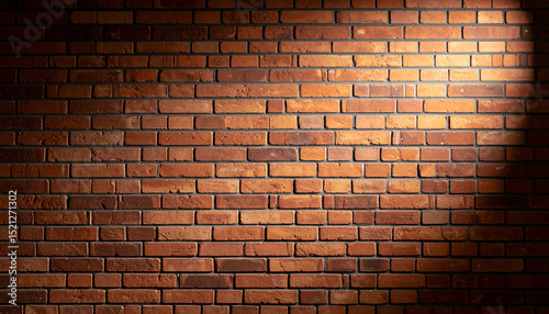 Brick Wall Spotlight: A textured brick wall illuminated by a single spotlight, creating a dramatic and atmospheric scene. Perfect for backgrounds or design elements.