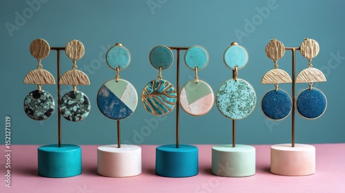 artistic professional photo of statement earrings floating in pastel background, perfect lighting, realistic and cinematic style