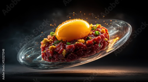 artistic professional photo of steak tartare suspended in air with egg yolk, perfect lighting, realistic and cinematic style