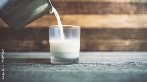 milk cascading from a glass, capturing the essence of fresh dairy in a rustic wooden setting