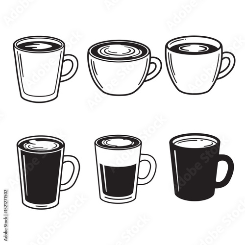 Coffee mug set illustrations in minimalist black and white style with silhouette variations for beverage themes
